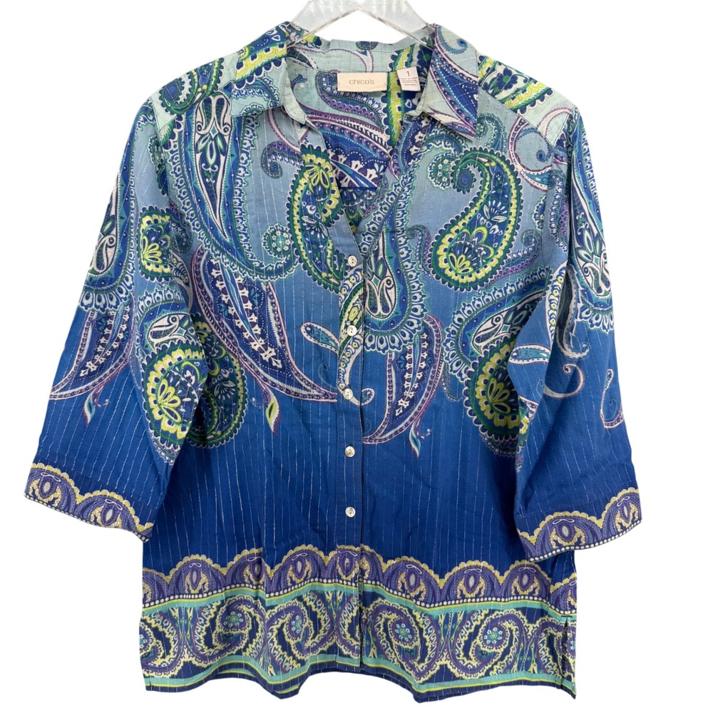 Chicos Blue Paisley Metallic Stripe Button Down Shirt 3/4 Sleeve Sz 1 M 4501201